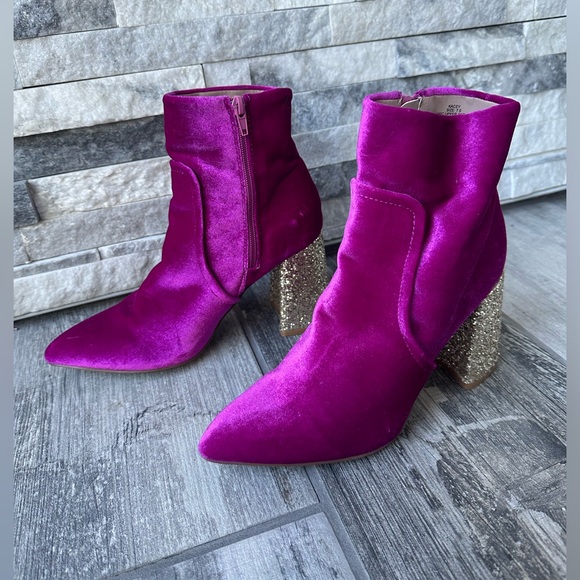 Betsey Johnson Kacey Pink Magenta  Velvet Gold Glitter Chunky Block Heel  Sz 7.5 - Picture 3 of 14